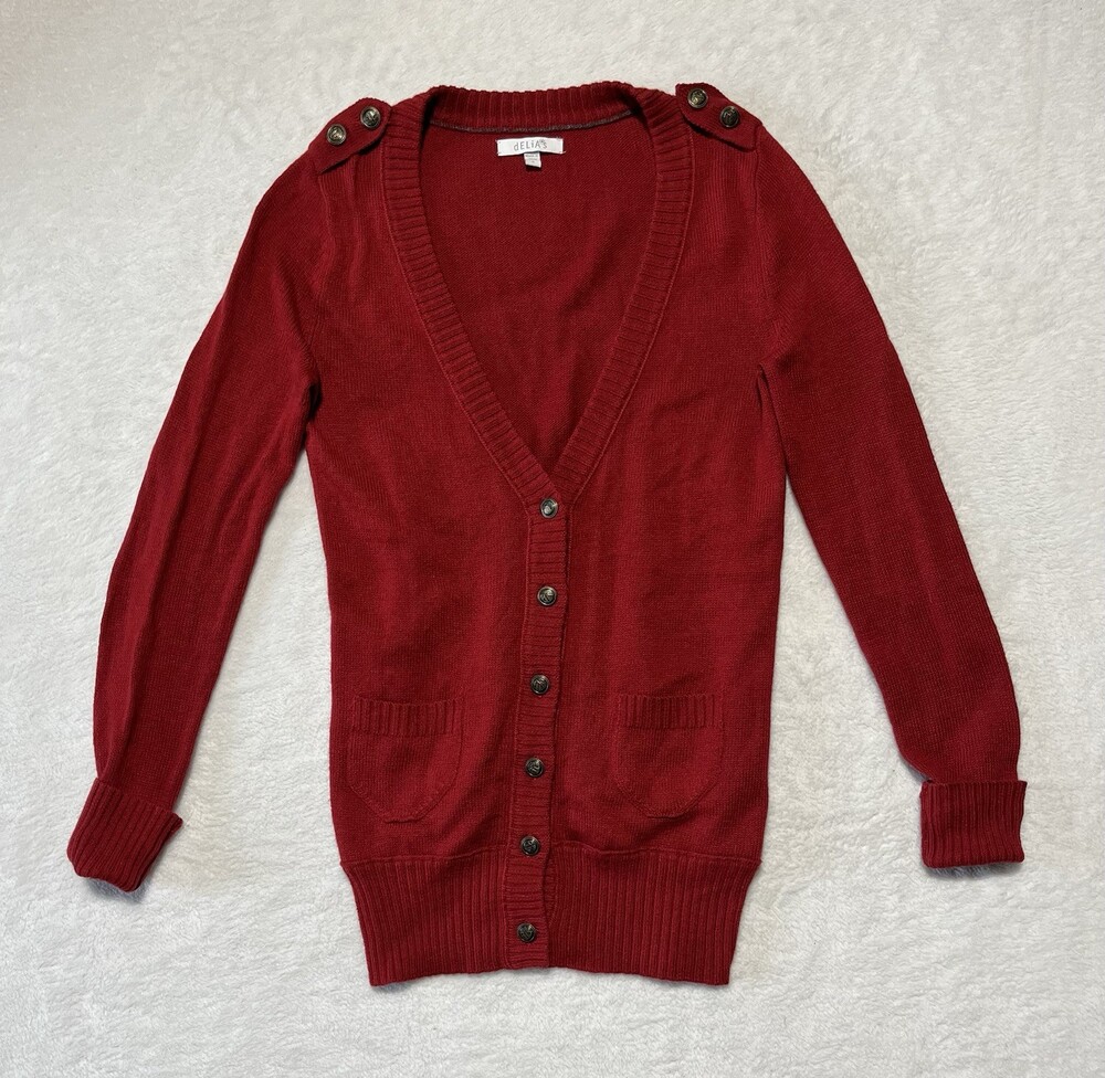 Delias Sweater Womens Small Red Button Up Cardigan Long Sleeve V-Neck Pockets